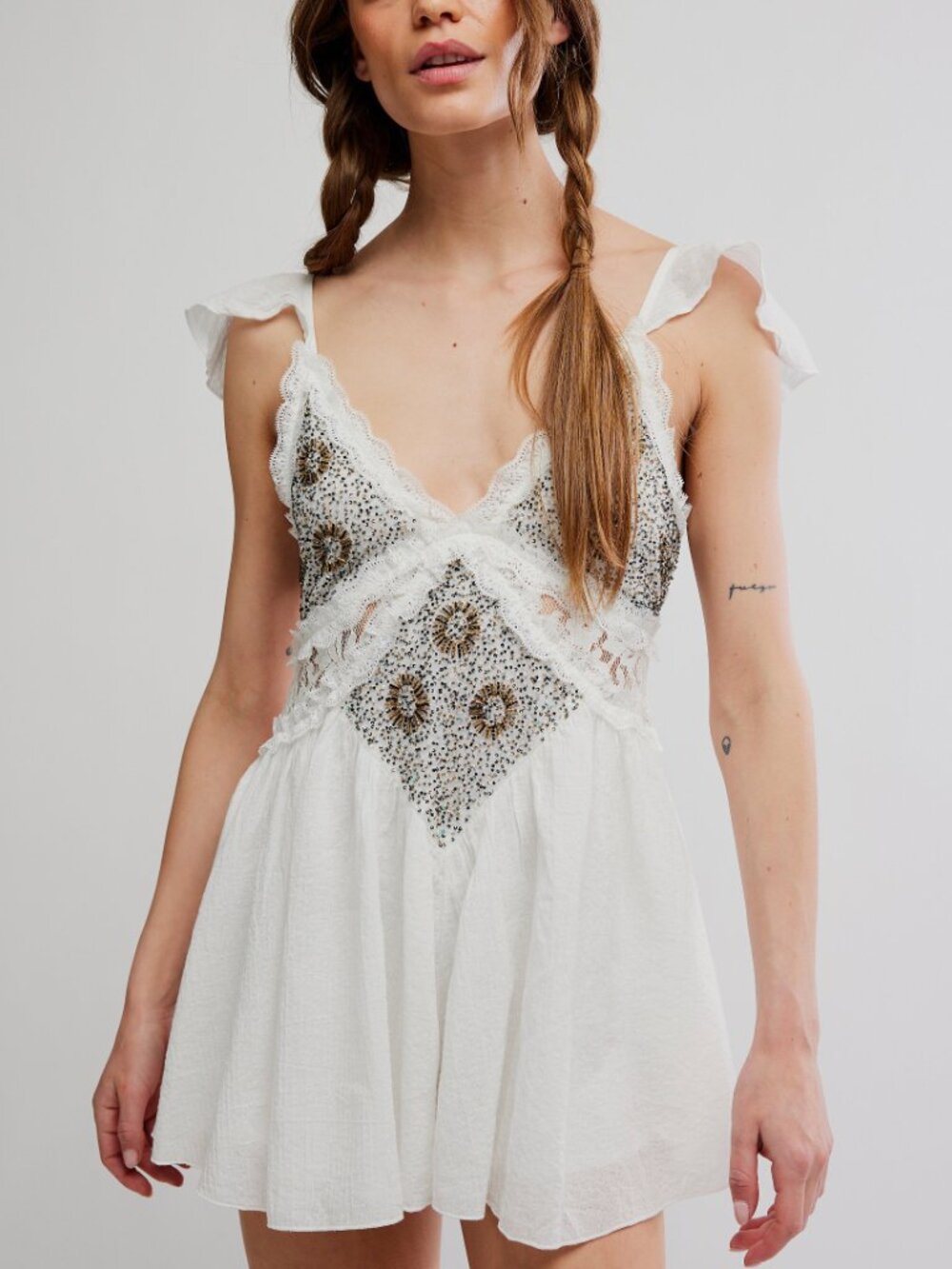 Free People White Lace Romper with Crochet Insets